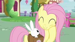 Size: 1920x1080 | Tagged: safe, screencap, angel bunny, fluttershy, pony, rabbit, g4, she talks to angel, ^^, animal, cute, duo, eyes closed, female, male, mare, saddle bag, shyabetes, smiling