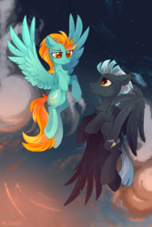 Size: 1920x2881 | Tagged: safe, artist:mirtash, lightning dust, thunderlane, pegasus, pony, rcf community, g4, cloud, cloudy, female, flying, looking at each other, male, mare, shipping, sky, stallion, stars, straight, thunderdust