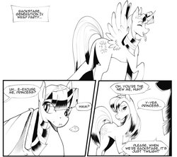 Size: 1052x936 | Tagged: safe, artist:bakuhaku, twilight sparkle, alicorn, earth pony, pony, g4, aweeg*, comic, dialogue, eating, end of ponies, female, g5 concept leaks, grayscale, mare, monochrome, open mouth, smiling, speech bubble, twilight sparkle (alicorn), twilight sparkle (g5 concept leak)