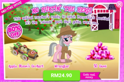 Size: 1040x686 | Tagged: safe, gameloft, wrangler, earth pony, pony, g4, advertisement, cart, costs real money, female, gem, hat, introduction card, mare, sale