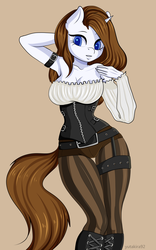 Size: 2472x3968 | Tagged: safe, artist:yutakira92, oc, oc only, unicorn, anthro, armpits, big breasts, breasts, clothes, corset, female, horn, shorts, solo, steampunk