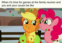 Size: 1366x945 | Tagged: safe, edit, edited screencap, screencap, applejack, pinkie pie, earth pony, pony, g4, hearthbreakers, caption, confetti, cousins, cute, diapinkes, duo, family reunion, female, jackabetes, mare, saddle bag, text, this will end in fun, when