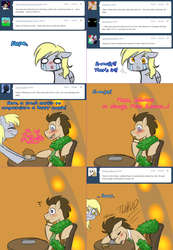 Size: 1562x2254 | Tagged: safe, artist:jitterbugjive, derpy hooves, doctor whooves, time turner, earth pony, pony, lovestruck derpy, g4, ask, bonsai, chibi, doctor who, food, george, love poison, muffin, sleeping, tardis, tardis console room, tardis control room, the doctor, tumblr