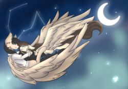 Size: 4051x2812 | Tagged: safe, artist:littlesmolartist, oc, oc:ali, oc:andrea, pegasus, pony, clothes, constellation, ear fluff, female, flying, hoodie, hug, large wings, male, mare, moon, night, smiling, stallion, stars, wings