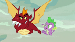 Size: 1920x1080 | Tagged: safe, screencap, garble, spike, dragon, g4, sweet and smoky, duo, flying, male, spread wings, winged spike, wings