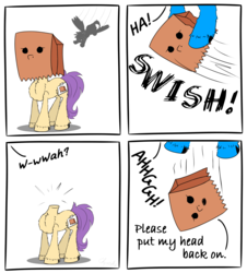 Size: 2000x2213 | Tagged: safe, artist:chopsticks, oc, oc only, oc:paper bag, earth pony, pony, butt fluff, chest fluff, comic, dialogue, female, flying, funny, headless, high res, hoof fluff, modular, paper bag, text