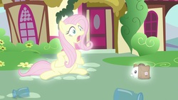 Size: 1920x1080 | Tagged: safe, screencap, angel bunny, fluttershy, pegasus, pony, rabbit, g4, she talks to angel, animal, duo, female, glowing, male, mare, saddle bag