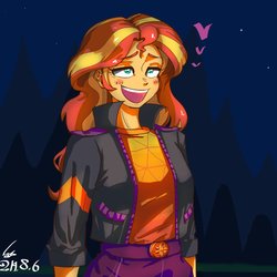 Size: 1000x1000 | Tagged: safe, artist:sozglitch, sunset shimmer, equestria girls, equestria girls series, g4, sunset's backstage pass!, spoiler:eqg series (season 2), ahegao, blushing, clothes, female, geode of empathy, heart, jacket, leather jacket, love struck, magical geodes, open mouth, palindrome get, scene interpretation, solo