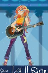 Size: 1000x1500 | Tagged: safe, artist:sozglitch, sunset shimmer, equestria girls, g4, let it rain, my little pony equestria girls: better together, breasts, clothes, female, guitar, musical instrument, rain, rock and roll, rock star, shoes, smiling, solo, tank top