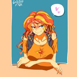 Size: 1000x1000 | Tagged: safe, artist:sozglitch, sunset shimmer, equestria girls, equestria girls series, bedroom eyes, big breasts, blushing, breasts, busty sunset shimmer, female, heart, looking at you, smiling, solo