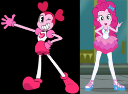 Size: 667x491 | Tagged: safe, pinkie pie, gem (race), equestria girls, g4, my little pony equestria girls: better together, super squad goals, spoiler:steven universe: the movie, comparison, default spinel, duo, duo female, female, gem, geode of sugar bombs, magical geodes, spinel, spinel (steven universe), spoilers for another series, steven universe, steven universe: the movie
