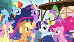 Size: 1280x720 | Tagged: safe, screencap, applejack, fluttershy, pinkie pie, rainbow dash, rarity, spike, twilight sparkle, alicorn, dragon, earth pony, pegasus, pony, unicorn, g4, the last problem, all is well, alternate hairstyle, applejack's hat, bags under eyes, best friends, candy, clothes, cowboy hat, crown, ethereal mane, eyes closed, eyeshadow, female, flowing mane, flying, folded wings, food, freckles, fur coat, gigachad spike, granny smith's shawl, hoof shoes, jewelry, lollipop, makeup, male, mane seven, mane six, mare, older, older applejack, older fluttershy, older mane seven, older mane six, older pinkie pie, older rainbow dash, older rarity, older spike, older twilight, older twilight sparkle (alicorn), ponyville, poofy mane, princess twilight 2.0, raised hoof, regalia, royal advisor, rubber duck, singing, skunk stripe, smiling, spread wings, stetson, the magic of friendship grows, time skip, twilight sparkle (alicorn), wall of tags, wonderbolts uniform