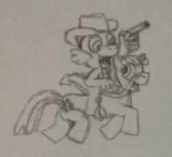 Size: 496x452 | Tagged: safe, artist:tarkan809, spike, twilight sparkle, dragon, pony, g4, cowboy, cowboy hat, dragons riding ponies, duo, gun, hat, horse riding, monochrome, pencil drawing, riding, traditional art, weapon