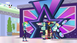 Size: 1280x720 | Tagged: safe, screencap, desert sage, mile hill, orange sunrise, rainbow dash, waldo whereabout, zephyr breeze, dashing through the mall, equestria girls, equestria girls specials, g4, my little pony equestria girls: better together, my little pony equestria girls: holidays unwrapped, ankles, background human, canterlot mall, cap, clothes, converse, female, geode of super speed, hat, magical geodes, male, no socks, pants, plusplus, shoes, skirt, sneakers, socks