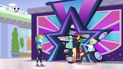 Size: 1280x720 | Tagged: safe, screencap, desert sage, mile hill, orange sunrise, rainbow dash, waldo whereabout, zephyr breeze, dashing through the mall, equestria girls, equestria girls specials, g4, my little pony equestria girls: better together, my little pony equestria girls: holidays unwrapped, ankles, background human, canterlot mall, cap, clothes, converse, female, geode of super speed, hat, magical geodes, male, no socks, pants, plusplus, shoes, skirt, sneakers, socks