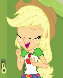 Size: 584x719 | Tagged: safe, screencap, applejack, equestria girls, equestria girls series, g4, holidays unwrapped, spoiler:eqg series (season 2), applejack's hat, clothes, cowboy hat, cropped, eyes closed, female, geode of super strength, hat, lockers, magical geodes, smiling