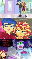 Size: 492x909 | Tagged: safe, artist:uotapo, edit, screencap, flash sentry, sunset shimmer, twilight sparkle, cheer you on, do it for the ponygram!, equestria girls, g4, my little pony equestria girls: better together, female, graveyard of comments, implied flashlight, implied shipping, implied straight, jealous, male, ship:flashimmer, shipping, sombra eyes, spanish, straight, translated in the description