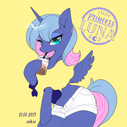 Size: 900x900 | Tagged: safe, artist:zakro, princess luna, alicorn, pony, semi-anthro, g4, arm hooves, bubble tea, clothes, drinking, drinking straw, female, looking at you, mare, midriff, negative space, shorts, simple background, story in the comments, yellow background