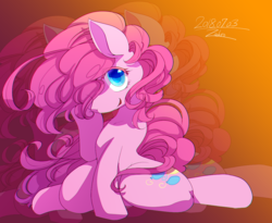 Size: 1100x900 | Tagged: safe, artist:zakro, pinkie pie, earth pony, pony, g4, female, hair over one eye, kneeling, looking at you, mare, smiling, solo, zoom layer