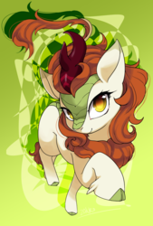 Size: 1378x2039 | Tagged: safe, artist:zakro, autumn blaze, kirin, g4, sounds of silence, awwtumn blaze, colored pupils, cute, female, green background, looking at you, pixiv, raised hoof, solo