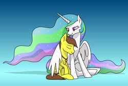 Size: 1024x692 | Tagged: safe, artist:5bap99, princess celestia, oc, oc:baked bean, alicorn, earth pony, pony, fanfic:no nose knows, g4, canon x oc, fanfic art, female, hug, long mane, male, no crown, pleased, shipping, smiling, snuggling, straight, winghug