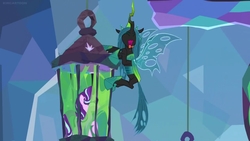 Size: 1920x1080 | Tagged: safe, screencap, queen chrysalis, starlight glimmer, changeling, pony, g4, the ending of the end, leak, animation error, female, laughing, revenge, slime, tongue out