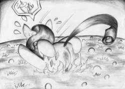 Size: 2327x1649 | Tagged: safe, artist:3500joel, rarity, pony, g4, burned, burned butt, butt, butt fire, female, fire, lava, literal butthurt, mare, monochrome, pain, plot, rarity is a marshmallow, rearity, solo, traditional art