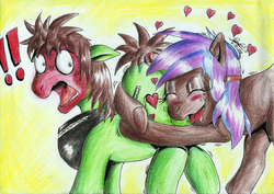 Size: 2335x1655 | Tagged: safe, artist:3500joel, oc, oc only, oc:pencil sketch, pegasus, pony, bloodshot eyes, blushing, butt touch, butthug, duo, exclamation point, faceful of ass, heart, hug, male, shocked, stallion, surprised, wide eyes