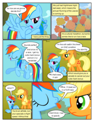Size: 612x792 | Tagged: safe, artist:newbiespud, edit, edited screencap, screencap, applejack, rainbow dash, earth pony, pegasus, pony, comic:friendship is dragons, fall weather friends, g4, angry, annoyed, comic, dialogue, eyes closed, female, flying, freckles, hat, mare, prone, screencap comic, tongue out, tree
