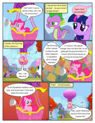 Size: 612x792 | Tagged: safe, artist:newbiespud, edit, edited screencap, screencap, bon bon, carrot top, golden harvest, linky, pinkie pie, sea swirl, seafoam, shoeshine, spike, sweetie drops, twilight sparkle, twinkleshine, dragon, earth pony, pegasus, pony, unicorn, comic:friendship is dragons, fall weather friends, g4, background pony, balloon, comic, dialogue, eyes closed, female, flying, frown, grin, hot air balloon, looking down, looking up, male, mare, megaphone, riding, screencap comic, slit pupils, smiling, spike riding twilight, tree, unamused, unicorn twilight
