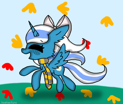 Size: 902x766 | Tagged: safe, artist:hoshiwifurs, oc, oc:fleurbelle, alicorn, pony, alicorn oc, autumn, blushing, bow, clothes, female, hair bow, happy, leaf, mare, running, running of the leaves, scarf