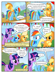 Size: 612x792 | Tagged: safe, artist:newbiespud, edit, edited screencap, screencap, applejack, bon bon, cloud kicker, coco crusoe, rainbow dash, sweetie drops, twilight sparkle, earth pony, pegasus, pony, unicorn, comic:friendship is dragons, fall weather friends, g4, annoyed, background pony, bound wings, comic, dialogue, eyes closed, face down ass up, female, freckles, glowing horn, hat, horn, looking up, magic, mare, mouth hold, on back, raised hoof, rope, screencap comic, telekinesis, unicorn twilight, wings