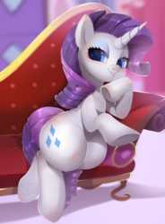 Size: 664x900 | Tagged: safe, artist:snow angel, rarity, pony, unicorn, beautiful, blushing, carousel boutique, cutie mark, eyeshadow, fainting couch, female, leaning, looking at you, makeup, mare, smiling, solo, thick
