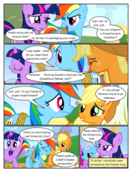 Size: 612x792 | Tagged: safe, artist:newbiespud, edit, edited screencap, screencap, applejack, berry punch, berryshine, linky, rainbow dash, shoeshine, twilight sparkle, earth pony, pegasus, pony, unicorn, comic:friendship is dragons, fall weather friends, g4, annoyed, applejerk, bound wings, comic, dialogue, eyes closed, female, freckles, frown, hat, laughing, mare, one eye closed, rainbow douche, raised hoof, rope, screencap comic, unicorn twilight, wings, wink