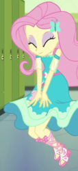 Size: 350x770 | Tagged: safe, screencap, fluttershy, do it for the ponygram!, equestria girls, g4, my little pony equestria girls: better together, ^^, clothes, cropped, cute, eyes closed, eyeshadow, female, fluttershy boho dress, geode of fauna, grin, hairpin, jewelry, magical geodes, makeup, necklace, open-toed shoes, skirt lift, sleeveless, smiling, solo