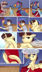 Size: 1824x3108 | Tagged: safe, artist:xjenn9fusion, oc, oc:aerial agriculture, oc:earthing elements, oc:king speedy hooves, oc:tommy the human, alicorn, human, pony, comic:fusing the fusions, comic:time of the fusions, alicorn oc, alicorn princess, canterlot, canterlot castle, child, comic, commissioner:bigonionbean, dialogue, father and son, female, fusion, fusion:big macintosh, fusion:bow hothoof, fusion:cloudy quartz, fusion:flash sentry, fusion:gentle breeze, fusion:igneous rock pie, fusion:night light, fusion:posey shy, fusion:shining armor, fusion:trouble shoes, fusion:twilight velvet, fusion:windy whistles, grandparents, hat, hugging a pony, human oc, human to pony, husband and wife, kissing, magic, male, mare, nuzzling, parent:cloudy quartz, parent:posey shy, parent:twilight velvet, parent:windy whistles, royalty, ruffled hair, sneezing, stallion, transformation, writer:bigonionbean