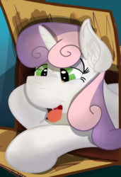 Size: 987x1440 | Tagged: safe, artist:glutenfree_texmex, derpibooru exclusive, sweetie belle, pony, g4, box, cute, female, filly, pony in a box, tongue out