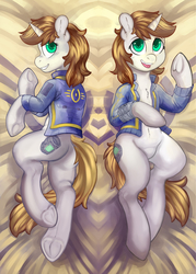 Size: 1200x1680 | Tagged: safe, artist:halley-valentine, oc, oc only, oc:littlepip, pony, unicorn, semi-anthro, fallout equestria, arm hooves, body pillow, body pillow design, bottle, butt, clothes, fanfic, fanfic art, female, grin, hooves, horn, human shoulders, jumpsuit, lying down, mare, open mouth, pipbuck, plot, smiling, solo, stable-tec, vault suit