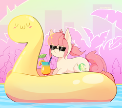 Size: 1700x1500 | Tagged: safe, artist:blackmaila, oc, oc only, oc:hopple scotch, earth pony, pony, alcohol, cocktail, cocktail umbrella, female, floaty, inflatable, inflatable float, inflatable toy, mare, pool toy, solo, sunglasses, swimming pool, uwu, ych result