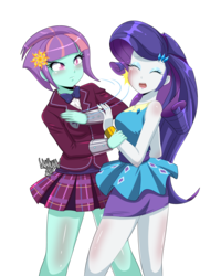 Size: 3999x5001 | Tagged: safe, artist:danmakuman, rarity, sunny flare, human, equestria girls, g4, my little pony equestria girls: better together, abuse, angry, blushing, breasts, busty rarity, clothes, crystal prep academy uniform, duo, duo female, eyes closed, eyeshadow, female, legs, makeup, miniskirt, ouch, pleated skirt, raribuse, rarity peplum dress, school uniform, simple background, skirt, slap, thighs, transparent background