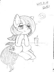 Size: 1536x2048 | Tagged: safe, artist:zakro, oc, oc only, earth pony, pony, bedroom eyes, drink, earth pony oc, eye contact, heart, lineart, looking at each other, monochrome, smiling, solo