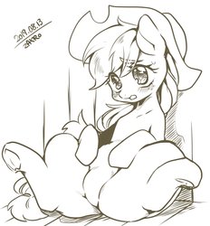 Size: 1300x1400 | Tagged: safe, artist:zakro, applejack, earth pony, pony, g4, blushing, eye clipping through hair, featureless crotch, female, hat, lineart, mare, monochrome, sae, underhoof