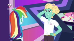 Size: 1280x720 | Tagged: safe, screencap, rainbow dash, zephyr breeze, dashing through the mall, equestria girls, equestria girls specials, g4, my little pony equestria girls: better together, my little pony equestria girls: holidays unwrapped, arm behind head, canterlot mall, clothes, cute, nervous smile, pants, plusplus, smiling, zephyrbetes