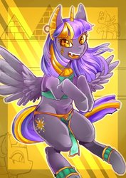 Size: 1000x1411 | Tagged: safe, artist:hobilo, somnambula, the sphinx, twilight sparkle, alicorn, monster pony, pony, sphinx, g4, alternate hairstyle, anubis, clothes, ear piercing, earring, egyptian, egyptian pony, fangs, female, jewelry, loincloth, mare, piercing, solo, twilight sparkle (alicorn)