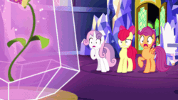 Size: 800x450 | Tagged: safe, edit, edited screencap, screencap, apple bloom, scootaloo, sweetie belle, earth pony, pegasus, pony, unicorn, g4, growing up is hard to do, age spell, animated, bow, crystal, cutie map, cutie mark, cutie mark crusaders, female, friendship throne, gif, hair bow, looking at each other, older, older apple bloom, older cmc, older scootaloo, older sweetie belle, smiling, table, text, the cmc are now legal, the cmc's cutie marks, this will end in tears and/or death and/or covered in tree sap, twilight's castle