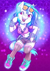 Size: 1200x1694 | Tagged: safe, artist:hobilo, dj pon-3, vinyl scratch, unicorn, anthro, semi-anthro, g4, arm hooves, breasts, chestbreasts, clothes, female, front knot midriff, glasses, headphones, mare, midriff, shoes, shorts, socks, solo, sunglasses, thigh highs