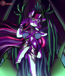 Size: 1139x1329 | Tagged: safe, artist:patty-plmh, twilight sparkle, alicorn, anthro, unguligrade anthro, g4, breasts, busty twilight sparkle, crossed legs, evil grin, female, grin, patreon, patreon logo, queen twilight, sitting, smiling, solo, twilight sparkle (alicorn), tyrant sparkle