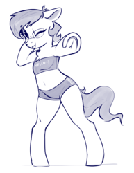 Size: 1280x1654 | Tagged: safe, artist:dimfann, oc, oc only, earth pony, semi-anthro, arm hooves, bandeau, blushing, chest fluff, clothes, frog (hoof), glasses, midriff, monochrome, one eye closed, smiling, solo, sports bra, sports shorts, underhoof, wink