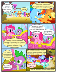 Size: 612x792 | Tagged: safe, artist:newbiespud, edit, edited screencap, screencap, applejack, berry punch, berryshine, bon bon, carrot top, diamond mint, golden harvest, linky, lyra heartstrings, pinkie pie, rainbow dash, shoeshine, spike, sweetie drops, dragon, earth pony, pegasus, pony, unicorn, comic:friendship is dragons, fall weather friends, g4, background pony, comic, dialogue, female, flying, grin, hat, hot air balloon, male, mare, megaphone, microphone, multeity, running, running of the leaves, screencap comic, slit pupils, smiling, worried