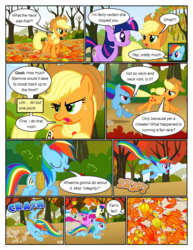 Size: 612x792 | Tagged: safe, artist:newbiespud, edit, edited screencap, screencap, applejack, berry punch, berryshine, bon bon, lyra heartstrings, rainbow dash, sweetie drops, twilight sparkle, earth pony, pegasus, pony, unicorn, comic:friendship is dragons, fall weather friends, g4, angry, background pony, bound wings, comic, dialogue, eyes closed, faceplant, female, freckles, hat, leaves, mare, onomatopoeia, rope, running, running of the leaves, screencap comic, smiling, tripping, unicorn twilight, wings